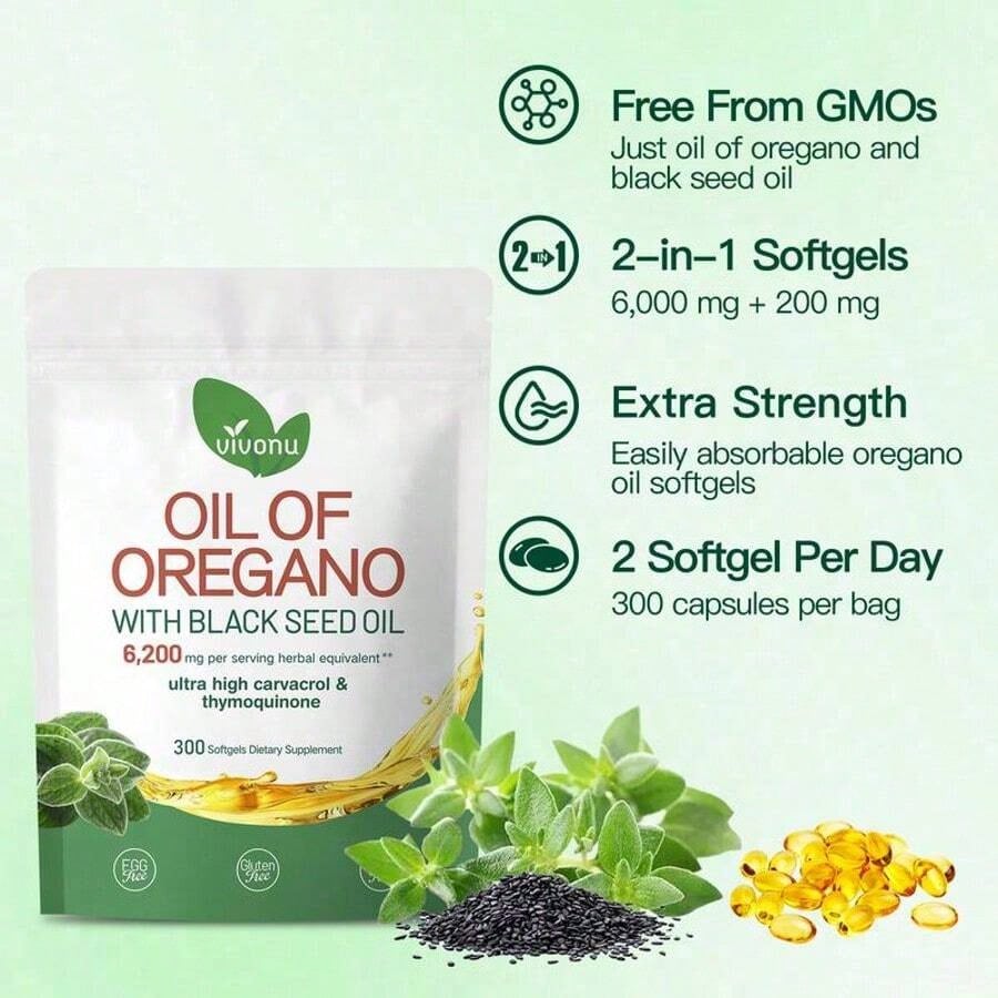 Vivonu Oil Of Oregano With Black Seed Oil Softgels | 6200mg Herbal Equivalent Per Serving | Ultra High Carvacrol & Thymoquinone | 300 Softgels | Gluten & Dairy Free