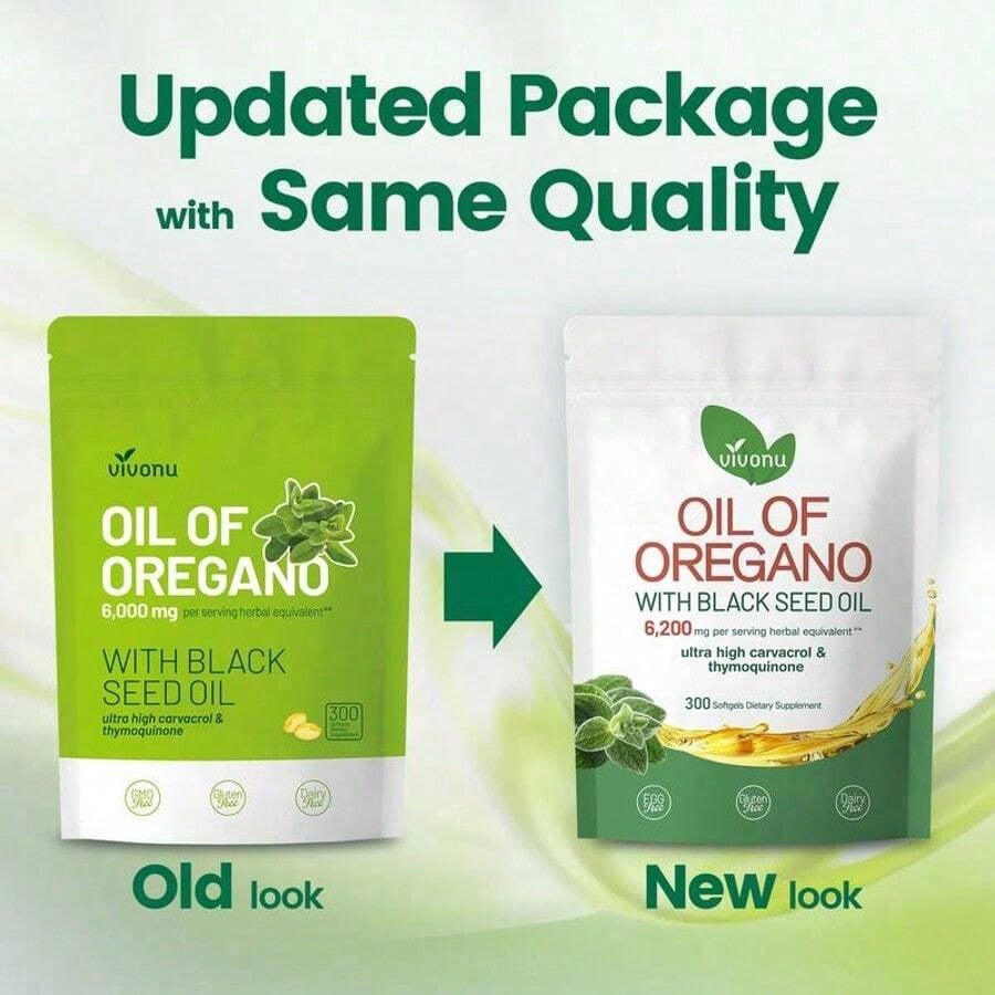 Vivonu Oil Of Oregano With Black Seed Oil Softgels | 6200mg Herbal Equivalent Per Serving | Ultra High Carvacrol & Thymoquinone | 300 Softgels | Gluten & Dairy Free