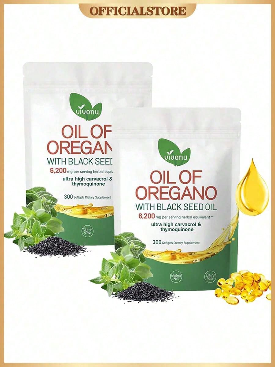 Vivonu Oil Of Oregano With Black Seed Oil Softgels | 6200mg Herbal Equivalent Per Serving | Ultra High Carvacrol & Thymoquinone | 300 Softgels | Gluten & Dairy Free