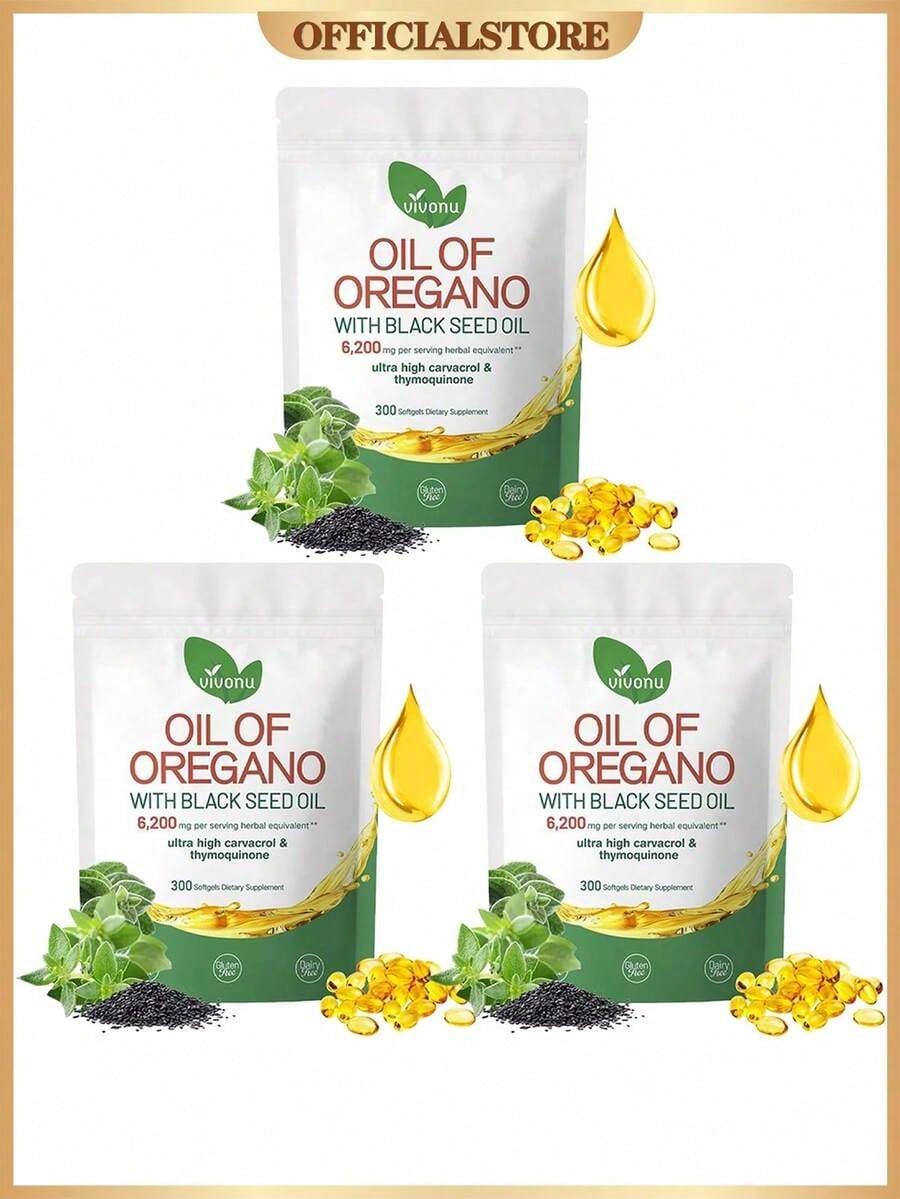Vivonu Oil Of Oregano With Black Seed Oil Softgels | 6200mg Herbal Equivalent Per Serving | Ultra High Carvacrol & Thymoquinone | 300 Softgels | Gluten & Dairy Free