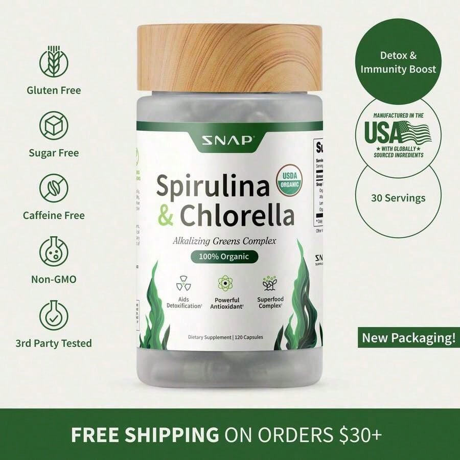 - Spirulina + Chlorella - 30 Servings - Natural Supplement Capsules Healthcare Edible