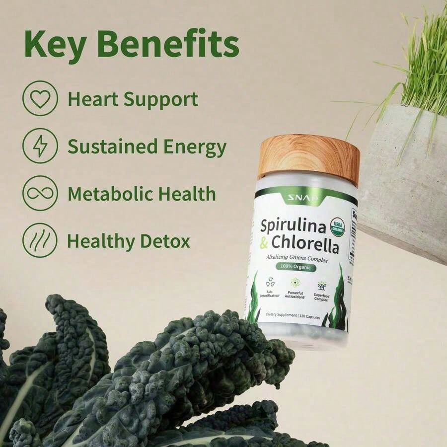 - Spirulina + Chlorella - 30 Servings - Natural Supplement Capsules Healthcare Edible