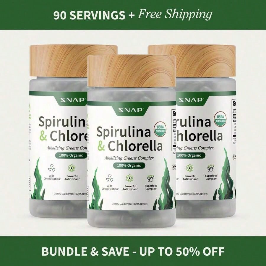 - Spirulina + Chlorella - 30 Servings - Natural Supplement Capsules Healthcare Edible