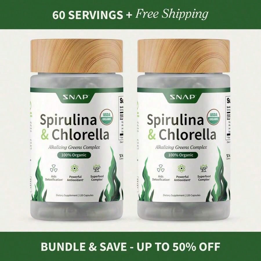 - Spirulina + Chlorella - 30 Servings - Natural Supplement Capsules Healthcare Edible