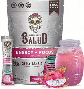 Health Energy & Focus Drink Mix – Dragon Fruit Agua Fresca Powder | Organic Caffeine, L-Theanine, L-Tyrosine, Taurine, Vitamins B6 & B12 | Low Sugar, Vegan – 15 Packets