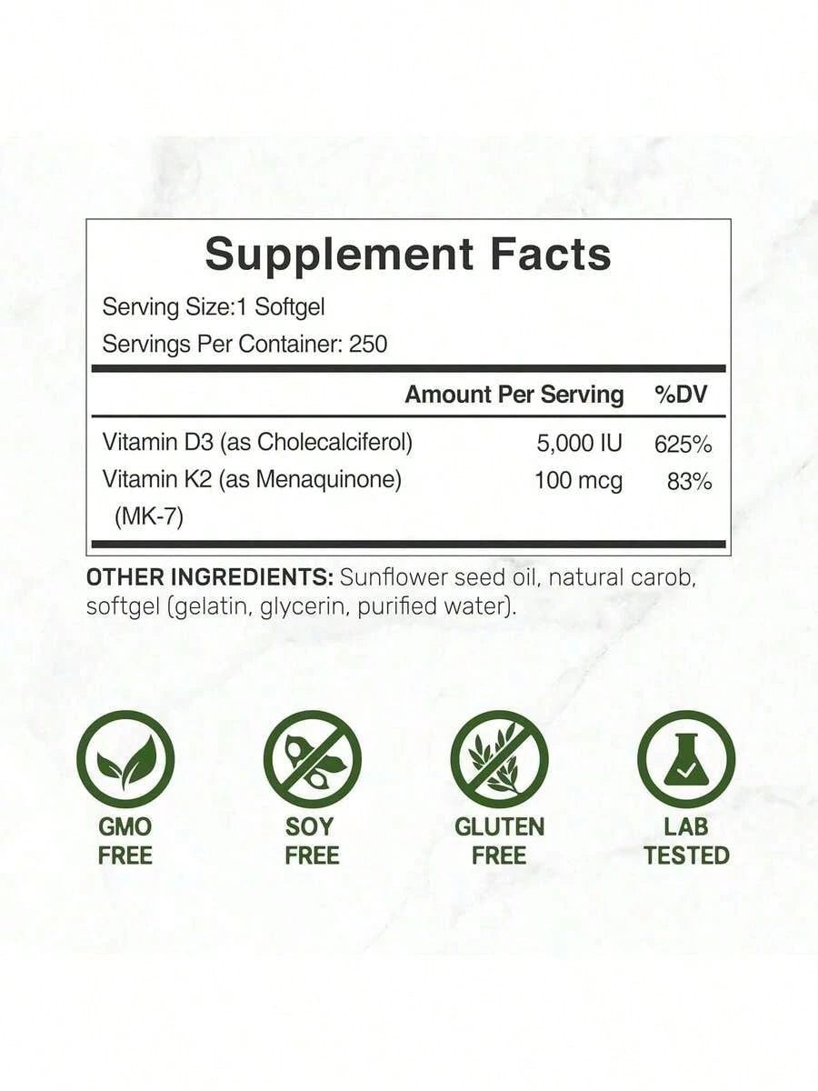 Vitamin D3 5000 I.U + K2 100mcg 2-Pack | Immune & Bone Support For Mom