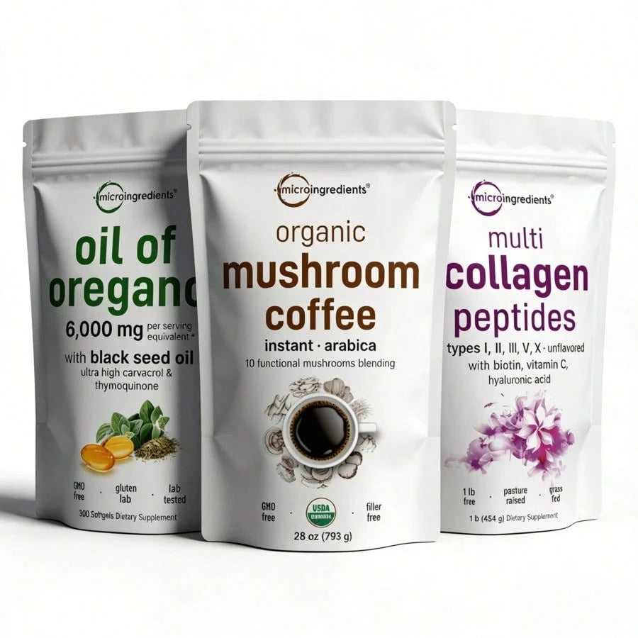 MicroIngredients 3-Piece Wellness Bundle, Oil Of Oregano Softgels, Organic Mushroom Instant Coffee, Multi Collagen Peptides Powder, Complete Immune, Energy & Beauty Support Set