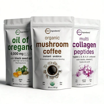 MicroIngredients 3-Piece Wellness Bundle, Oil Of Oregano Softgels, Organic Mushroom Instant Coffee, Multi Collagen Peptides Powder, Complete Immune, Energy & Beauty Support Set