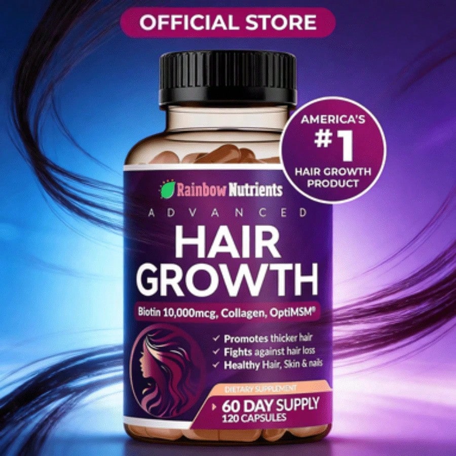 Rainbow Nutrients Advanced Hair Growth Supplement - Biotin 10,000mcg, Collagen, OptiMSM | 60-Day Supply (120 Capsules) - America's # 1 Hair Growth Product