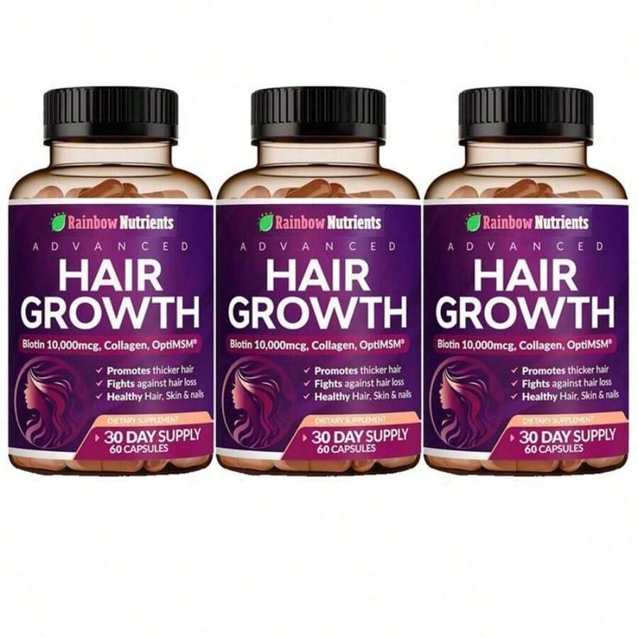 Rainbow Nutrients Advanced Hair Growth Supplement - Biotin 10,000mcg, Collagen, OptiMSM | 60-Day Supply (120 Capsules) - America's # 1 Hair Growth Product