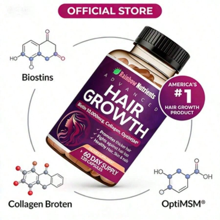 Rainbow Nutrients Advanced Hair Growth Supplement - Biotin 10,000mcg, Collagen, OptiMSM | 60-Day Supply (120 Capsules) - America's # 1 Hair Growth Product