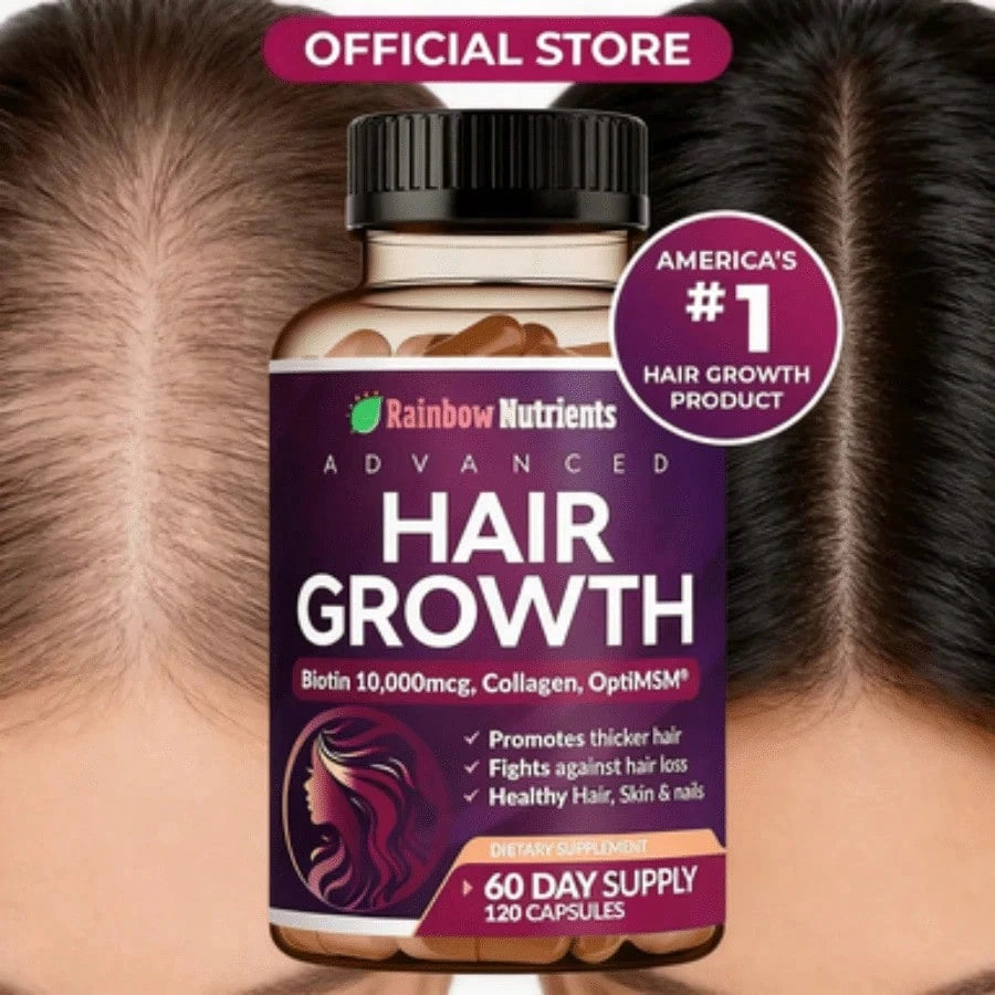 Rainbow Nutrients Advanced Hair Growth Supplement - Biotin 10,000mcg, Collagen, OptiMSM | 60-Day Supply (120 Capsules) - America's # 1 Hair Growth Product