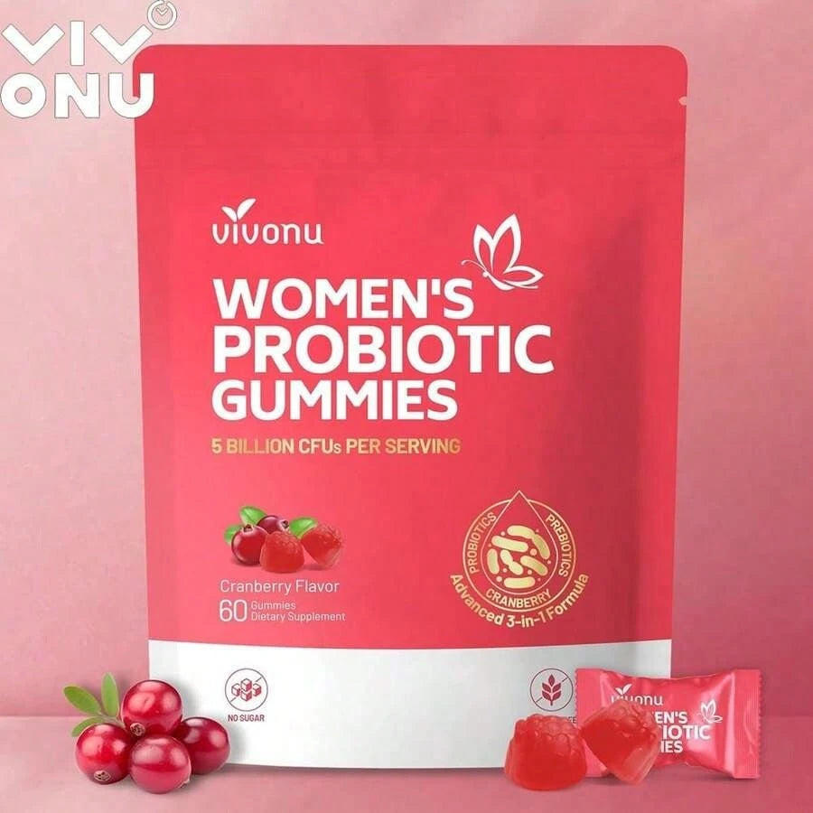 Vivonu Women's Probiotic Gummies | 5 Billion CFUs | 3-In-1 Formula (Probiotics + Prebiotics + Cranberry) | Cranberry Flavor | No Sugar, Non-GMO | 60 Gummies | Dietary Supplement