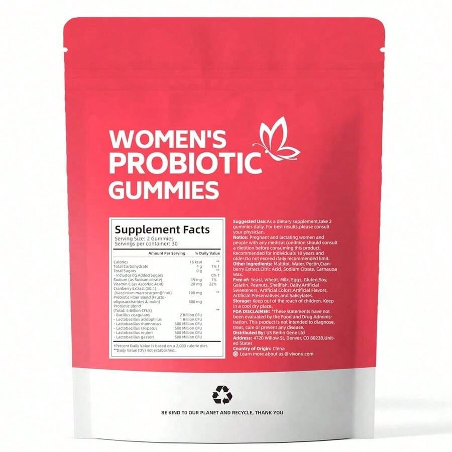 Vivonu Women's Probiotic Gummies | 5 Billion CFUs | 3-In-1 Formula (Probiotics + Prebiotics + Cranberry) | Cranberry Flavor | No Sugar, Non-GMO | 60 Gummies | Dietary Supplement