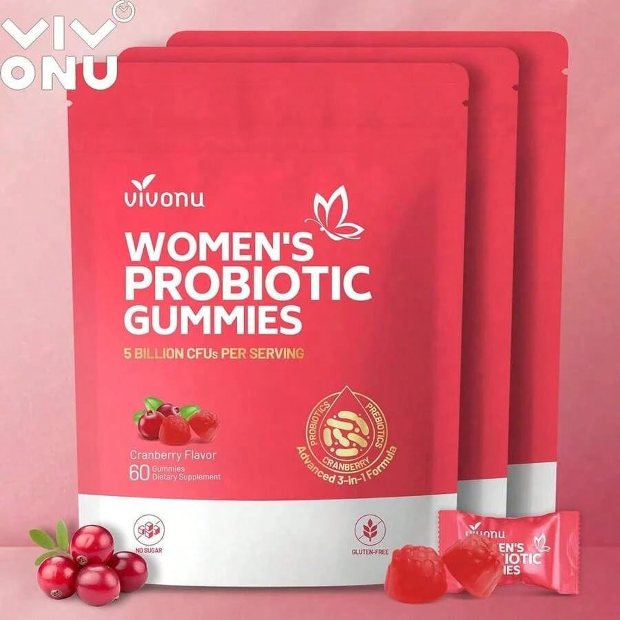Vivonu Women's Probiotic Gummies | 5 Billion CFUs | 3-In-1 Formula (Probiotics + Prebiotics + Cranberry) | Cranberry Flavor | No Sugar, Non-GMO | 60 Gummies | Dietary Supplement