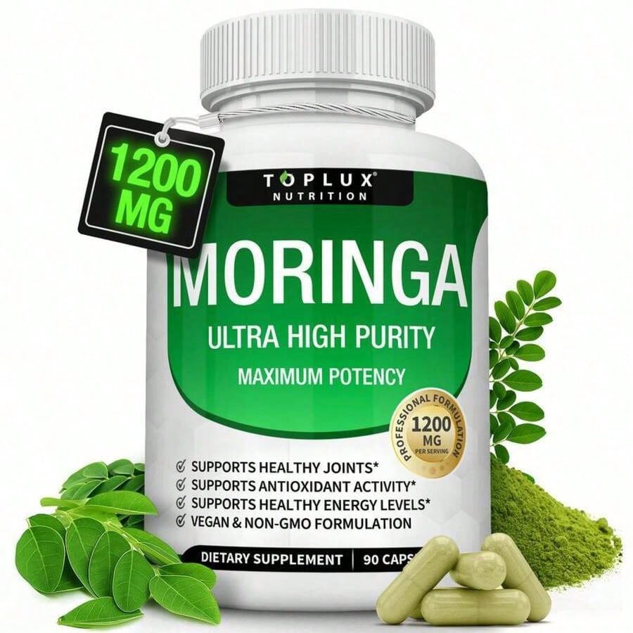 1200mg Moringa Capsules -Pure MoringaPowder For Lmmune, Gut Health Rich In EssentialVitamins, Minerals & Plant Protein TosupportEnergy, Wellness & Vitality 90 Capsules Natural Formula