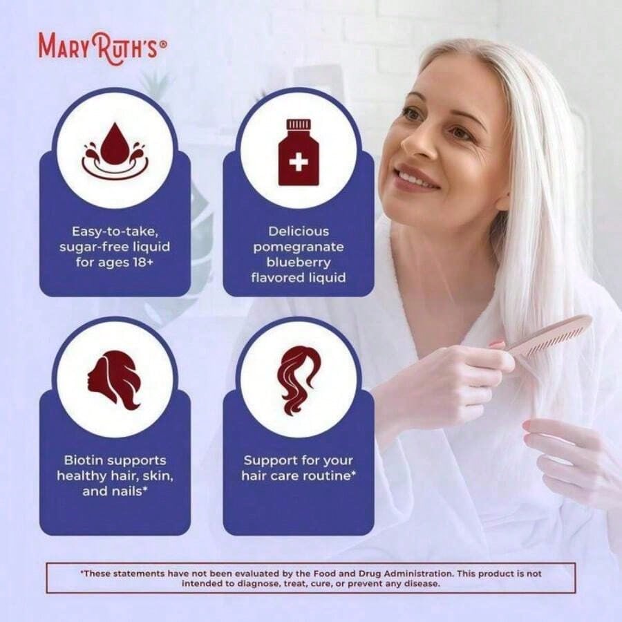 Mary Ruth's Daily Liquid Hair Formula| Blueberry Pomegranate| 16 FL Oz (473 ML)| Sugar-Free| With SesZenBio™| Supports Thicker Hair, Hair Health & Skin| Vegan