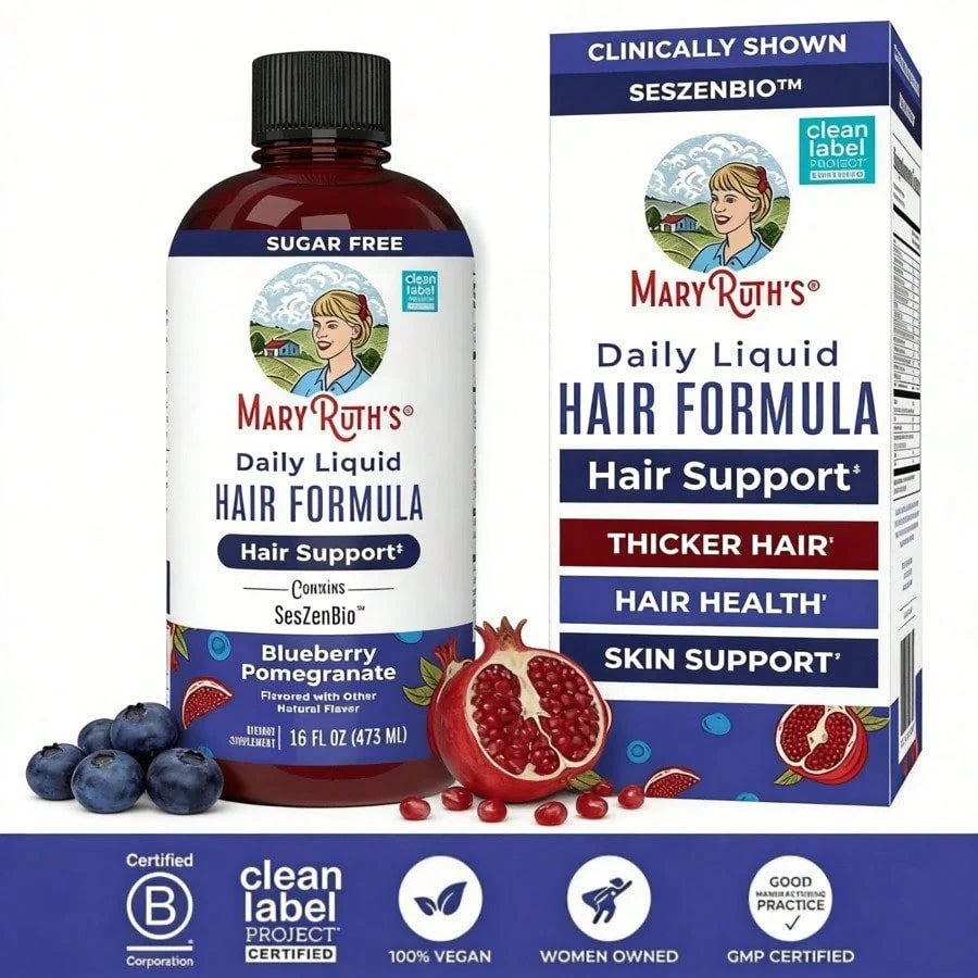 Mary Ruth's Daily Liquid Hair Formula| Blueberry Pomegranate| 16 FL Oz (473 ML)| Sugar-Free| With SesZenBio™| Supports Thicker Hair, Hair Health & Skin| Vegan