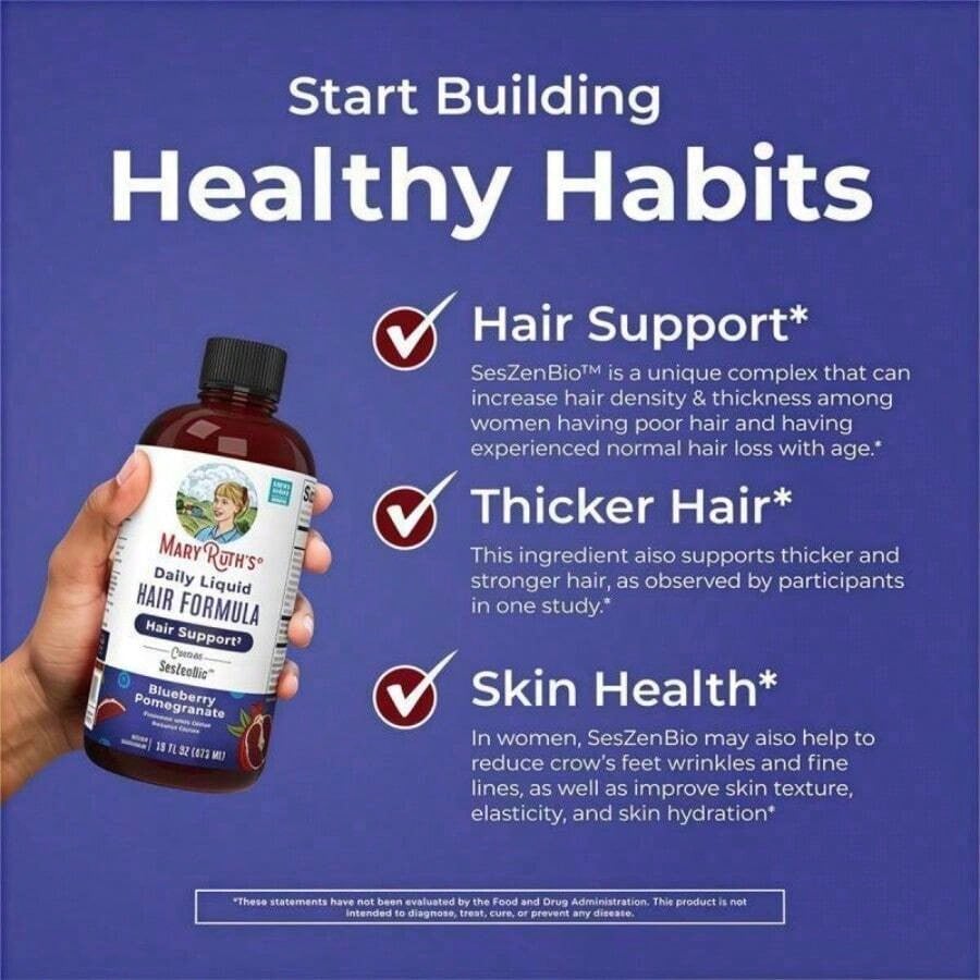Mary Ruth's Daily Liquid Hair Formula| Blueberry Pomegranate| 16 FL Oz (473 ML)| Sugar-Free| With SesZenBio™| Supports Thicker Hair, Hair Health & Skin| Vegan