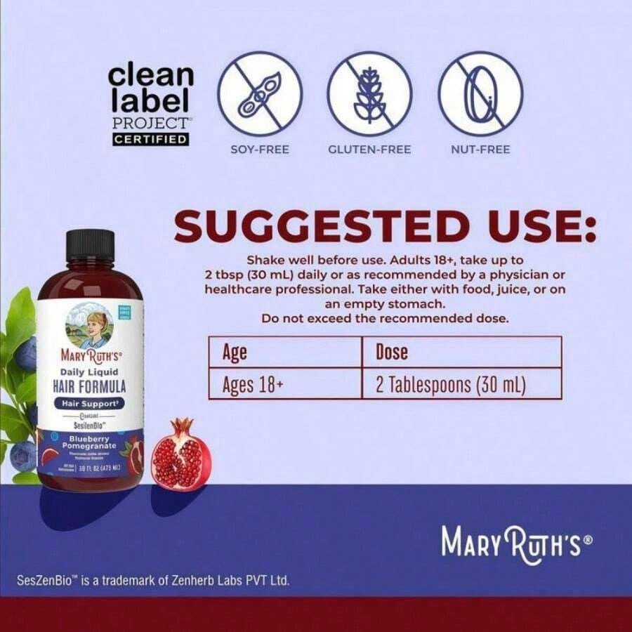 Mary Ruth's Daily Liquid Hair Formula| Blueberry Pomegranate| 16 FL Oz (473 ML)| Sugar-Free| With SesZenBio™| Supports Thicker Hair, Hair Health & Skin| Vegan