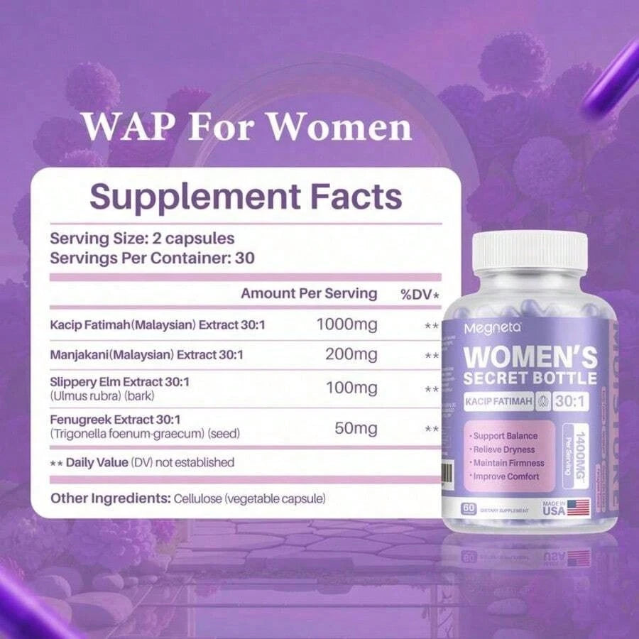 Megneta Bottle- 60 Tablets - Healthcare | Kacip Fatimah 1000MG | Plus With Manjakan & Slippery Elm & Fenugreek(Old & New Packaging--Mixed Shipment, For Women, Free Shipping, Daily Health Care