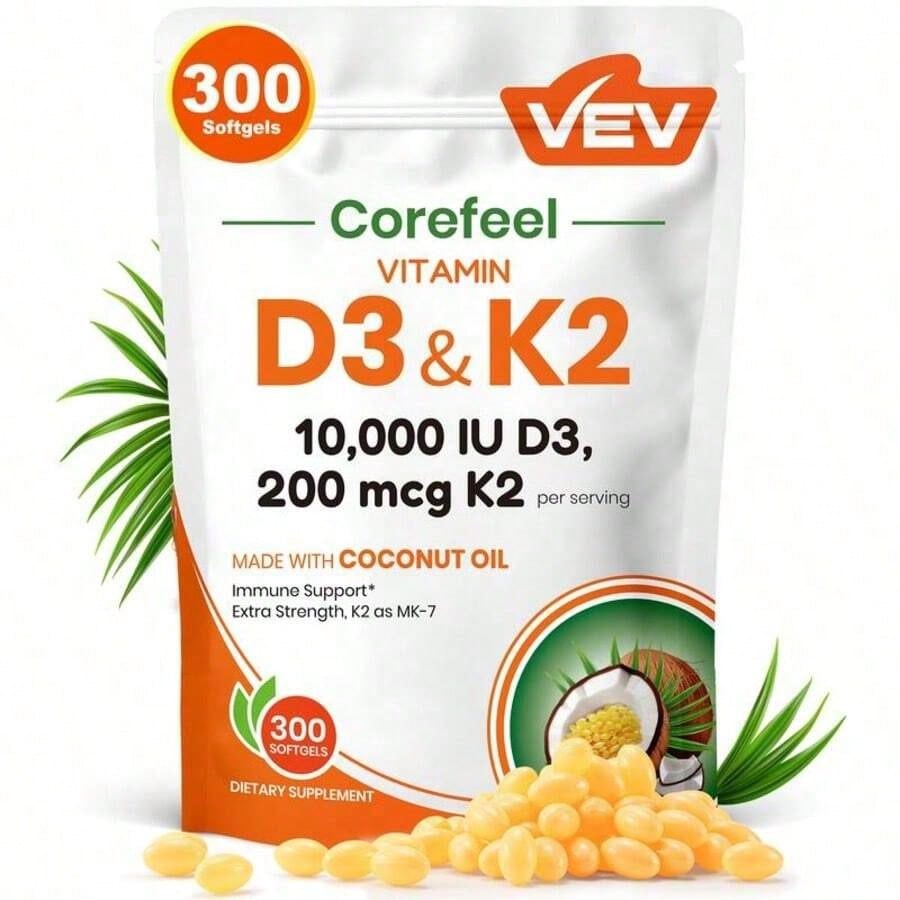 VEV Corefeel Vitamin D3 K2 10000 , 300 Virgin Coconut Oil Softgels,2in 1 Vitamins Supplement D & K, Dietary Supplemental Pack