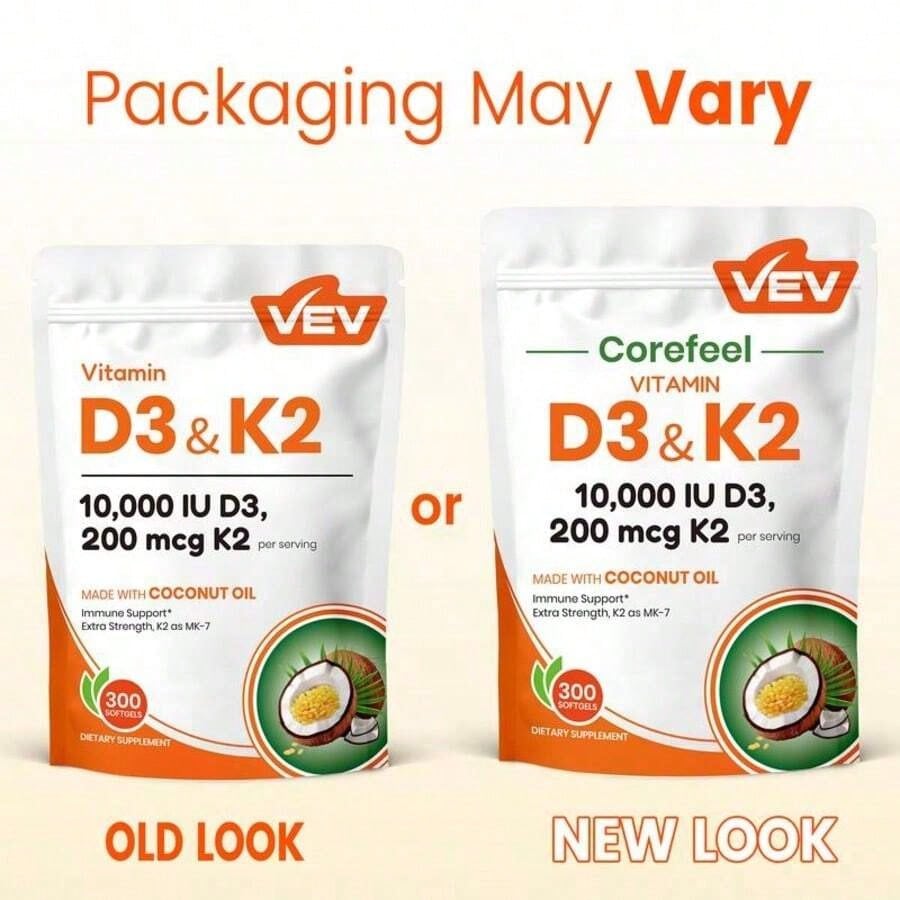VEV Corefeel Vitamin D3 K2 10000 , 300 Virgin Coconut Oil Softgels,2in 1 Vitamins Supplement D & K, Dietary Supplemental Pack