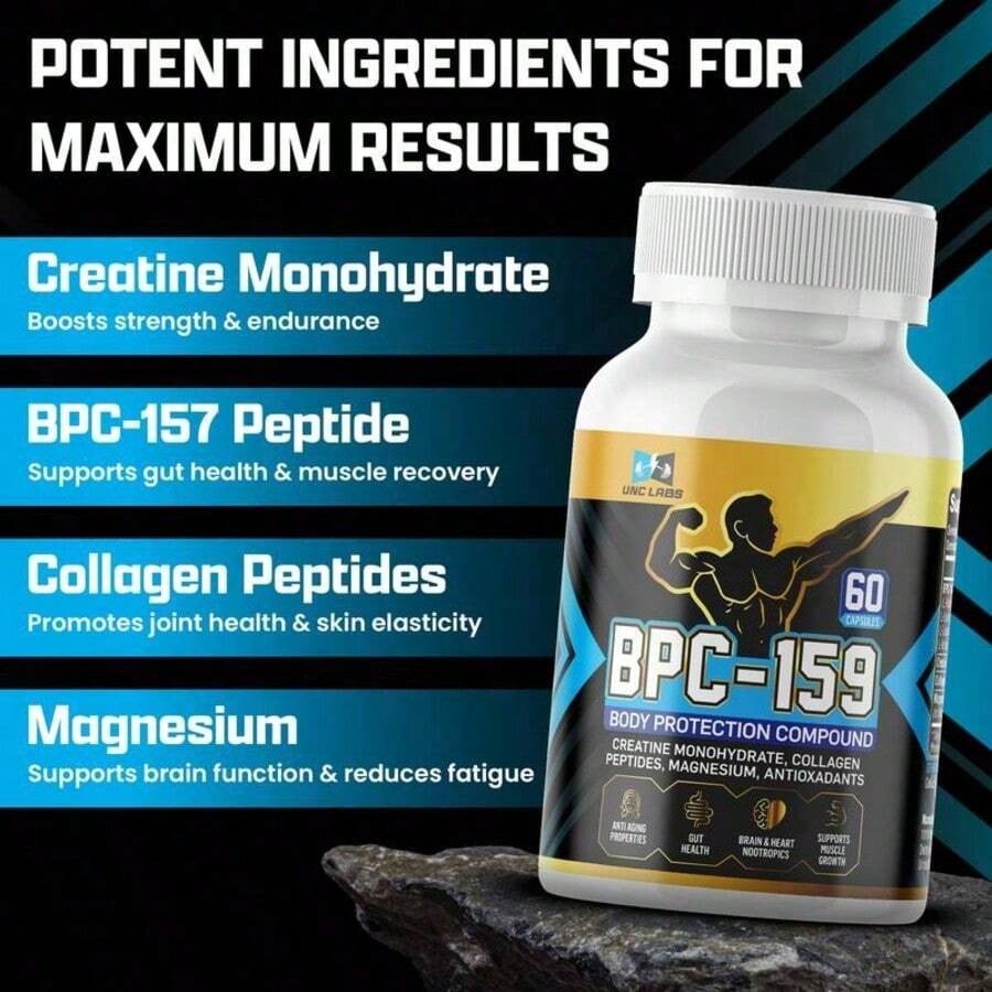BPC-159 Peptide Capsules- BPC-157 Blend With Creatine Monohydrate, Collagen Peptides & Magnesium Gluten Free | 60 Capsules
