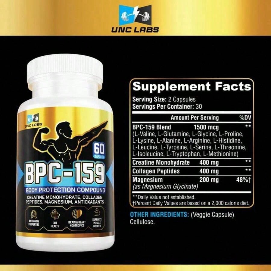 BPC-159 Peptide Capsules- BPC-157 Blend With Creatine Monohydrate, Collagen Peptides & Magnesium Gluten Free | 60 Capsules