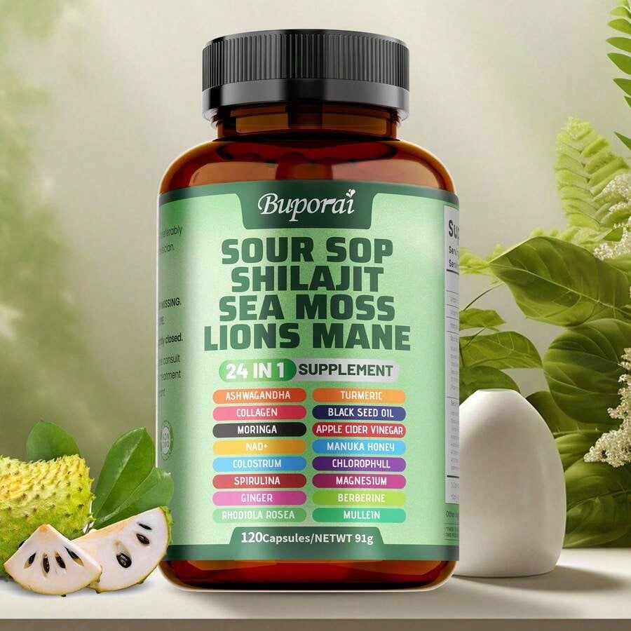 BUPORAI Soursop Shilajit Sea Moss Lion's Mane - Has Natural Antioxidant Properties To Boost Immunity And Support Cell Regeneration - 120pcs