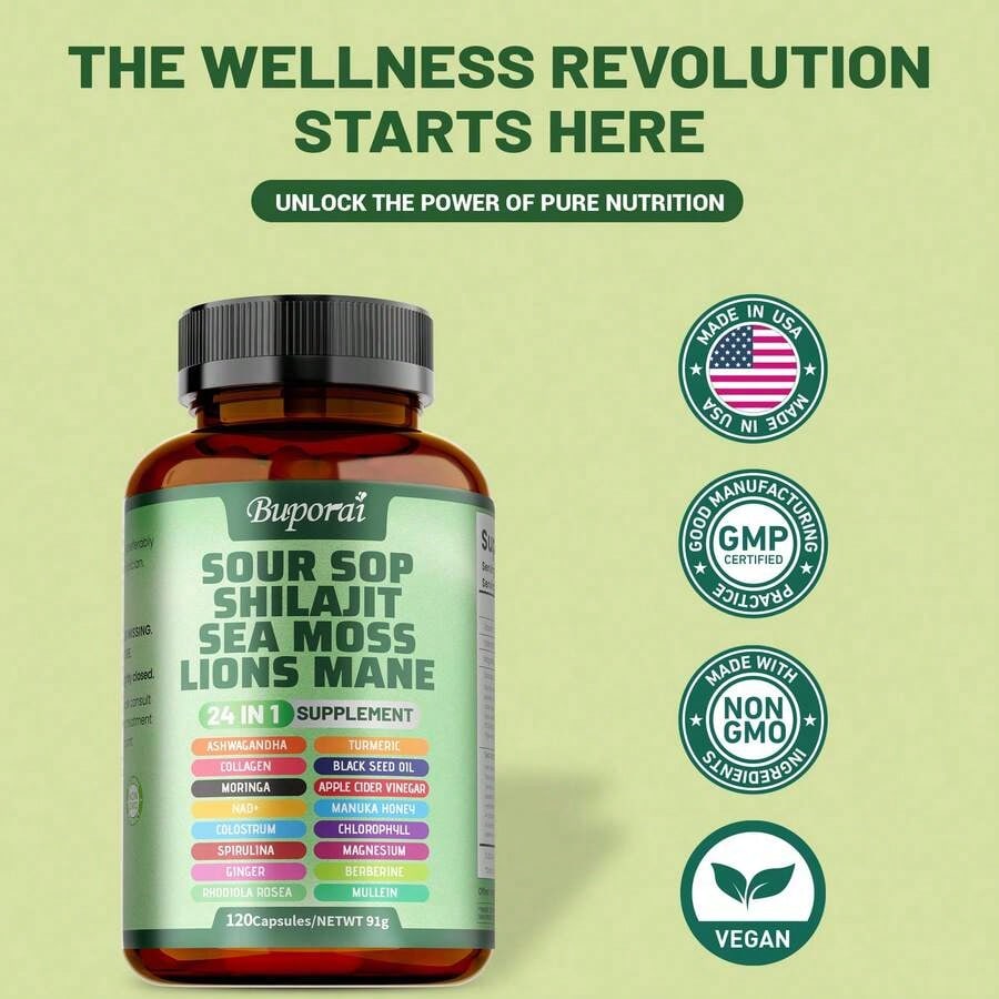 BUPORAI Soursop Shilajit Sea Moss Lion's Mane - Has Natural Antioxidant Properties To Boost Immunity And Support Cell Regeneration - 120pcs