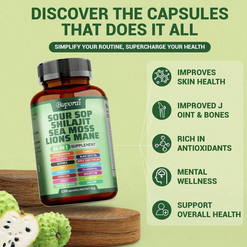 BUPORAI Soursop Shilajit Sea Moss Lion's Mane - Has Natural Antioxidant Properties To Boost Immunity And Support Cell Regeneration - 120pcs