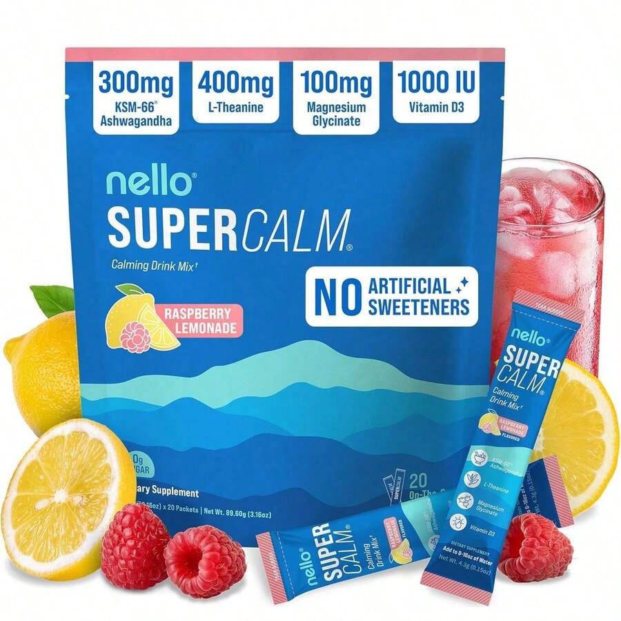 Nello Supercalm Powdered Drink Mix, Cortisol Reducer*, Sleep Aid Supplement, L Theanine, Ksm-66 Ashwagandha, Magnesium Glycinate, Vitamin D 3, No Sugar, Non GMO, 20 Ct, Strawberries & Cream
