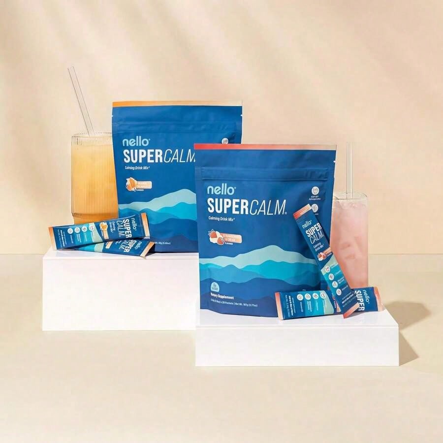 Nello Supercalm Powdered Drink Mix, Cortisol Reducer*, Sleep Aid Supplement, L Theanine, Ksm-66 Ashwagandha, Magnesium Glycinate, Vitamin D 3, No Sugar, Non GMO, 20 Ct, Strawberries & Cream