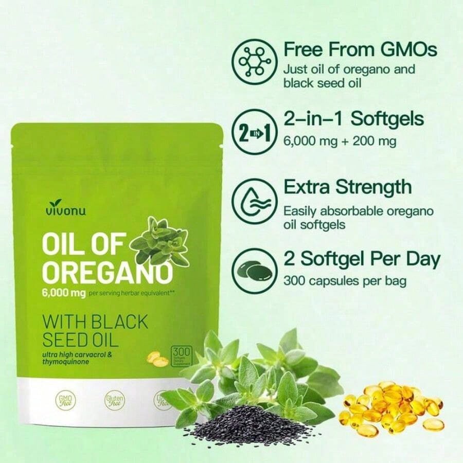 Oil Of Oregano Softgels With Black Seed Oil| Organic Formula With Carvacrol & Thymoquinone| Immune & Respiratory Support| Non-GMO|300 Capsules
