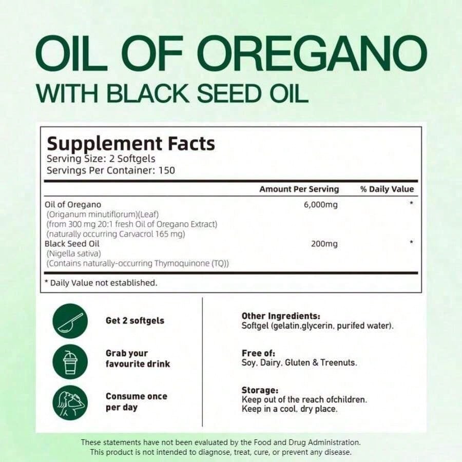 Oil Of Oregano Softgels With Black Seed Oil| Organic Formula With Carvacrol & Thymoquinone| Immune & Respiratory Support| Non-GMO|300 Capsules