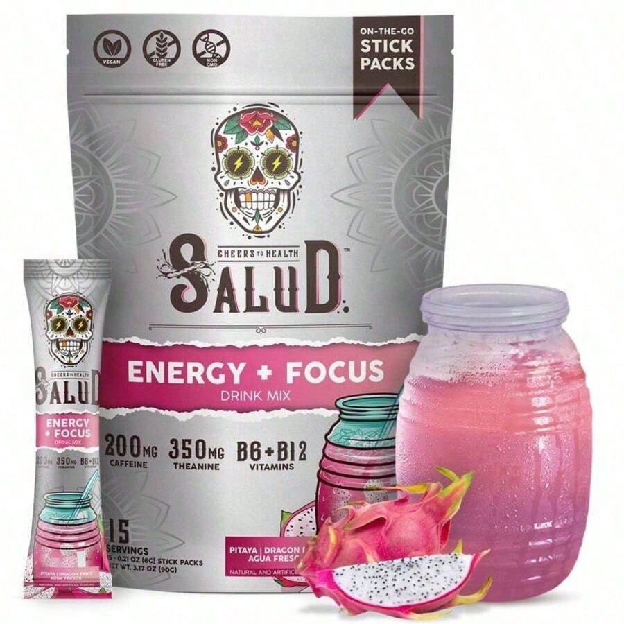 Salud 2-In-1 Energy & Focus Drink Mix With 200mg Organic Caffeine, Pitaya (Dragon Fruit) Flavor, 350mg L-Theanine & 500mg L-Tyrosine, Clean Energy Drink, Vegan, Non-GMO, Gluten Free - Beverage