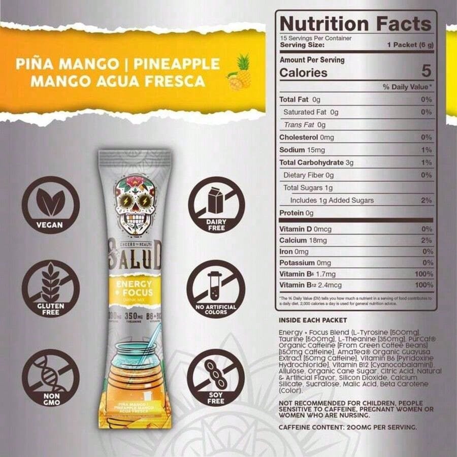 Salud 2-In-1 Hydration Packets + Immunity Electrolytes Powder, Piña Colada - Agua Fresca Drink Mix, Elderberry, Dairy & Soy Free, Non-GMO, Gluten Free, Vegan, Low Calorie, 1g Sugar (15 Servings)