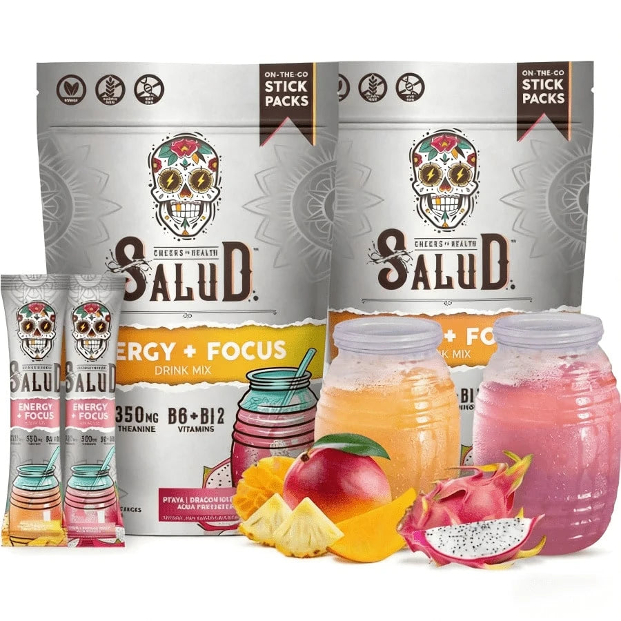 Salud Energy & Focus Powder Bundle - Piña Mango Agua Fresca & Pitaya Flavors, 200mg Organic Caffeine, L-Theanine, Vegan, Non-GMO, Gluten Free Dietary Beverage Mix