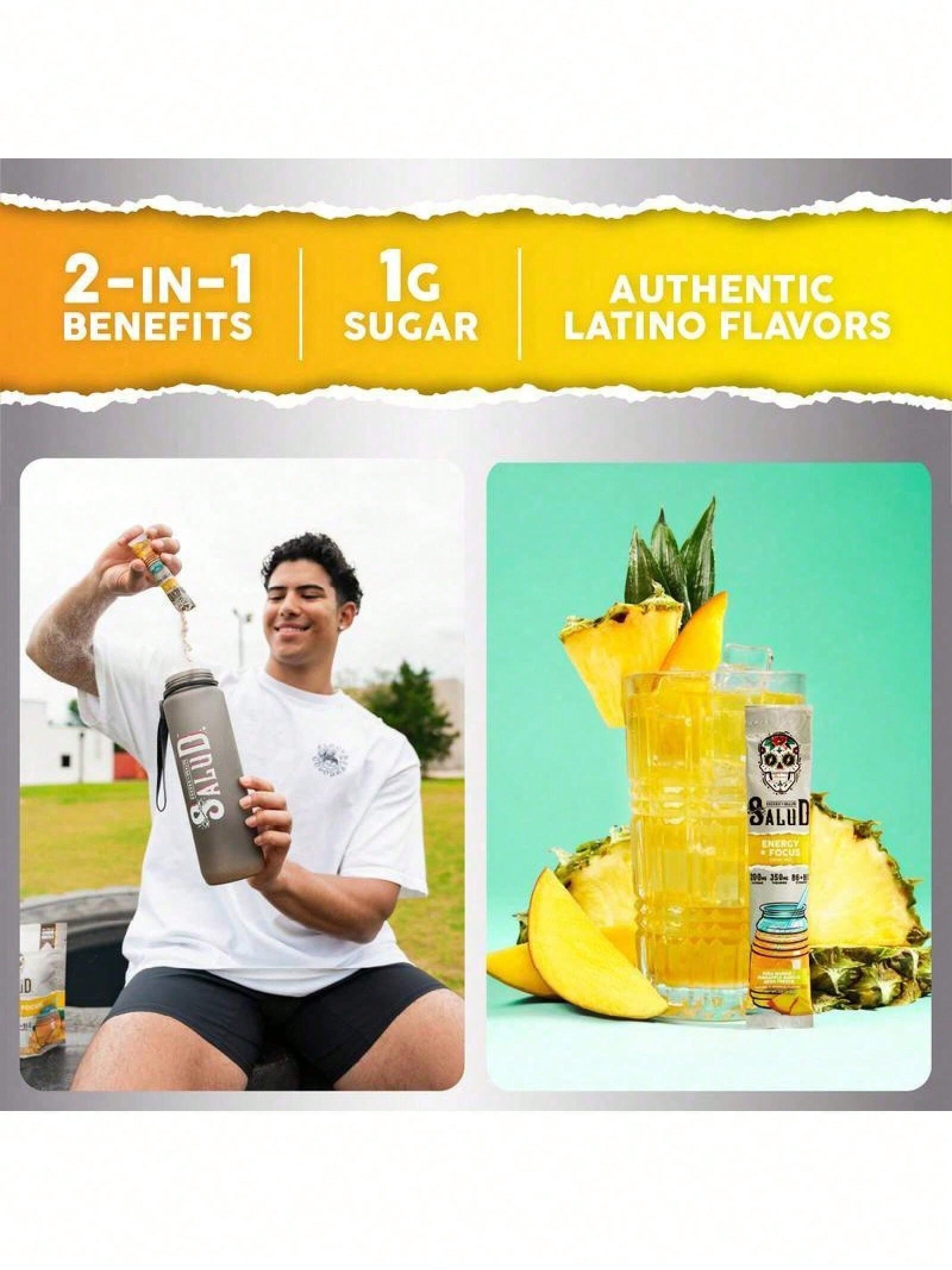 Salud Energy & Focus Powder Bundle - Piña Mango Agua Fresca & Pitaya Flavors, 200mg Organic Caffeine, L-Theanine, Vegan, Non-GMO, Gluten Free Dietary Beverage Mix