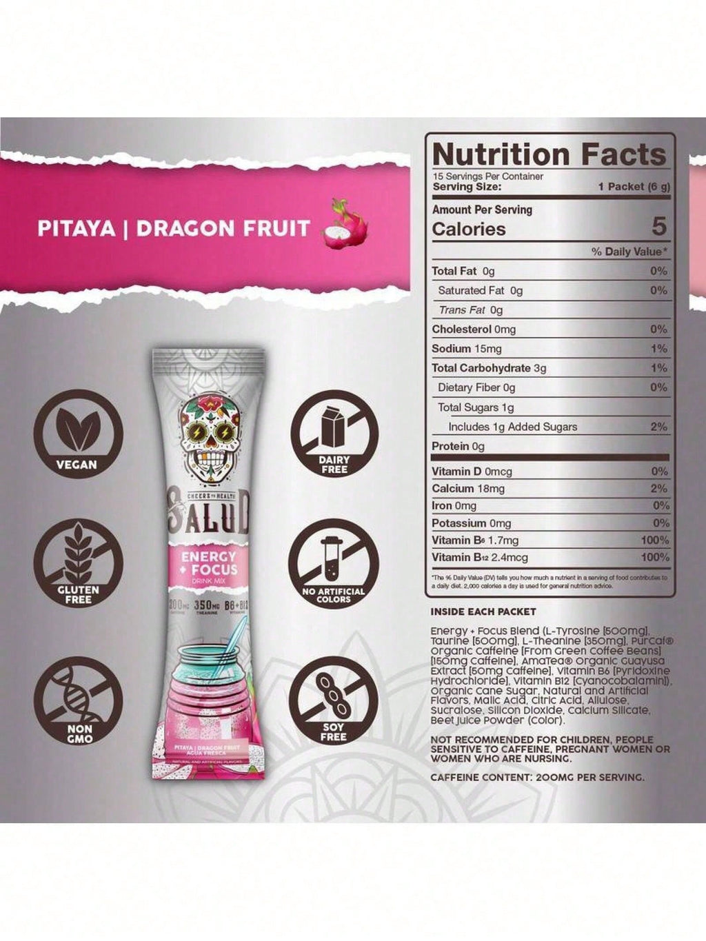 Salud Energy & Focus Powder Bundle - Piña Mango Agua Fresca & Pitaya Flavors, 200mg Organic Caffeine, L-Theanine, Vegan, Non-GMO, Gluten Free Dietary Beverage Mix