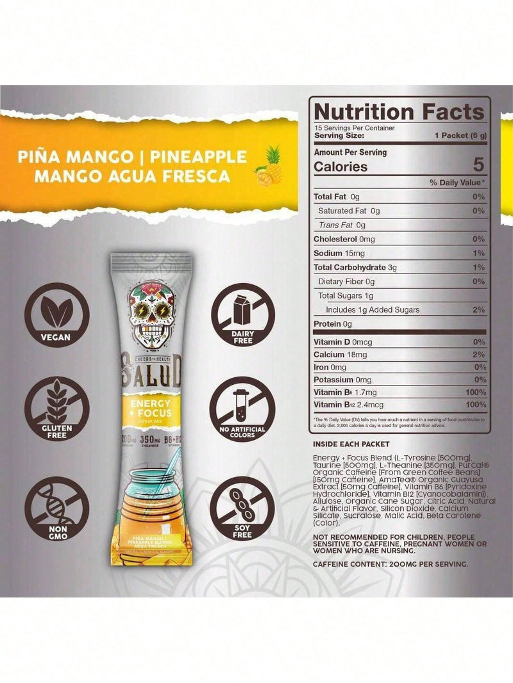 Salud Energy & Focus Powder Bundle - Piña Mango Agua Fresca & Pitaya Flavors, 200mg Organic Caffeine, L-Theanine, Vegan, Non-GMO, Gluten Free Dietary Beverage Mix