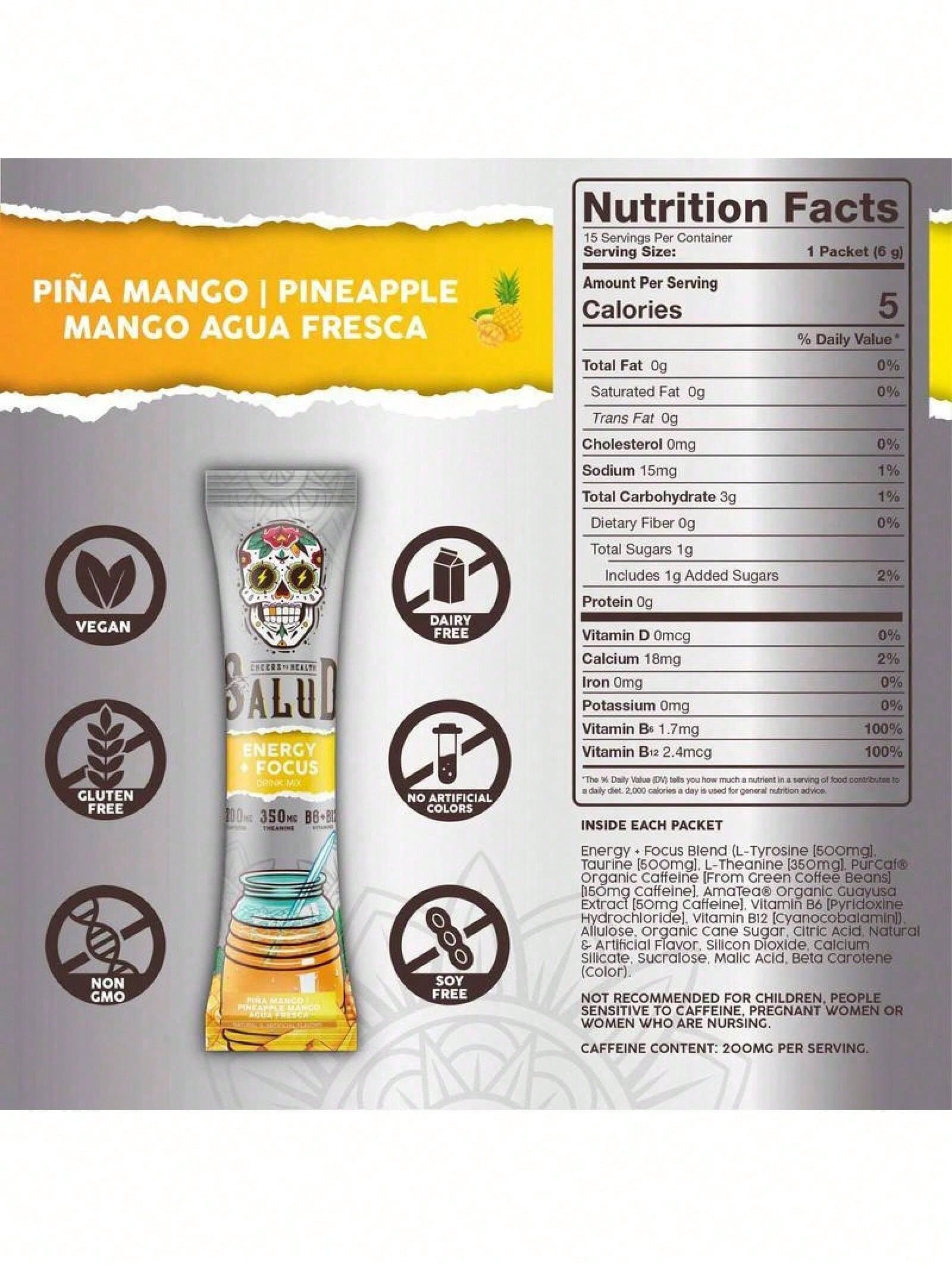 Salud Energy & Focus Powder Bundle - Piña Mango Agua Fresca & Pitaya Flavors, 200mg Organic Caffeine, L-Theanine, Vegan, Non-GMO, Gluten Free Dietary Beverage Mix