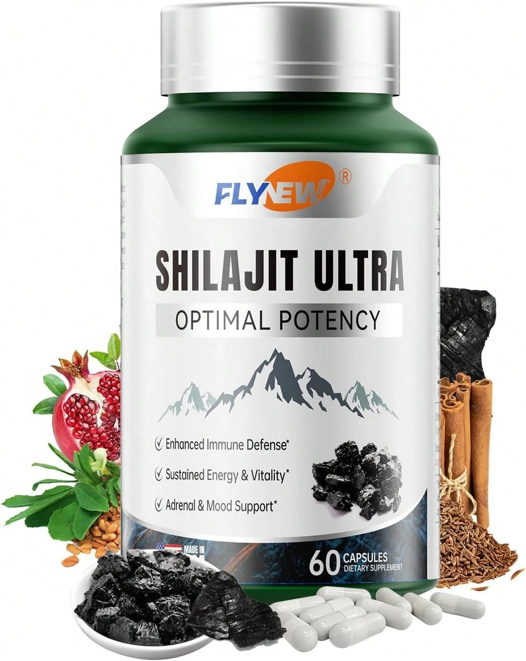 Shilajit For Men Women, Shilajit With Naturally Fulvic Acid & L-Arginine, Himalayan Shilajits For Extra Power, Stamina & Immune Support, Non-GMO, Made In USA, 60 Capsules, 1,300mg Per Serving