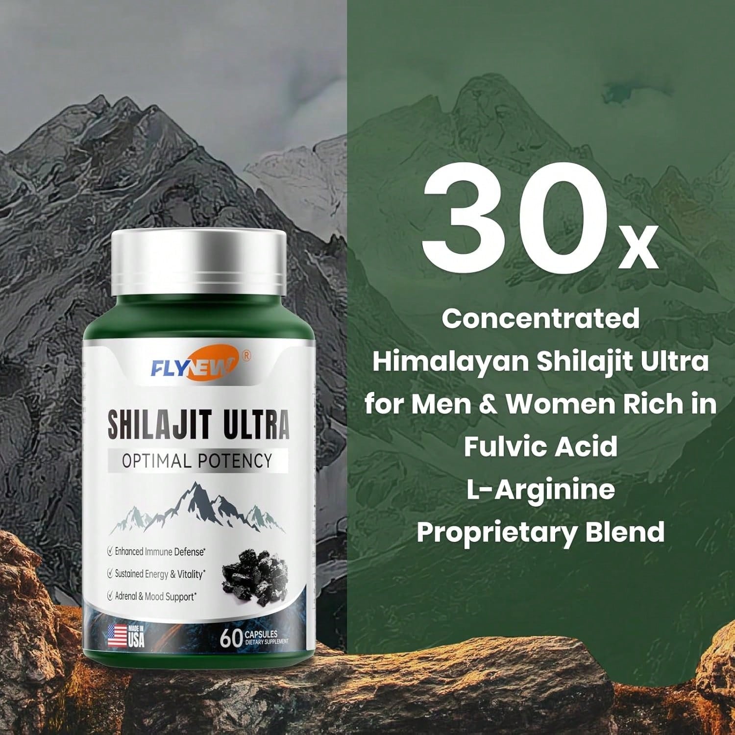 Shilajit For Men Women, Shilajit With Naturally Fulvic Acid & L-Arginine, Himalayan Shilajits For Extra Power, Stamina & Immune Support, Non-GMO, Made In USA, 60 Capsules, 1,300mg Per Serving