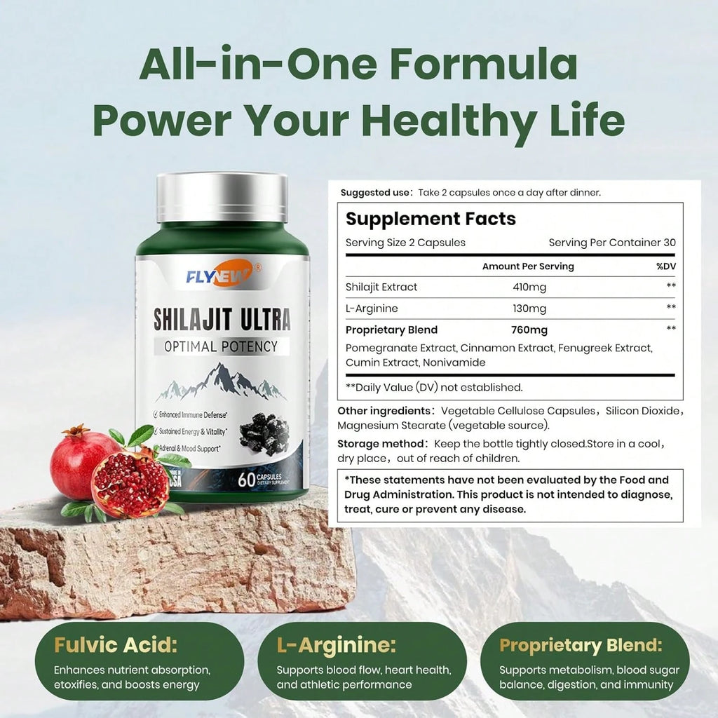Shilajit For Men Women, Shilajit With Naturally Fulvic Acid & L-Arginine, Himalayan Shilajits For Extra Power, Stamina & Immune Support, Non-GMO, Made In USA, 60 Capsules, 1,300mg Per Serving