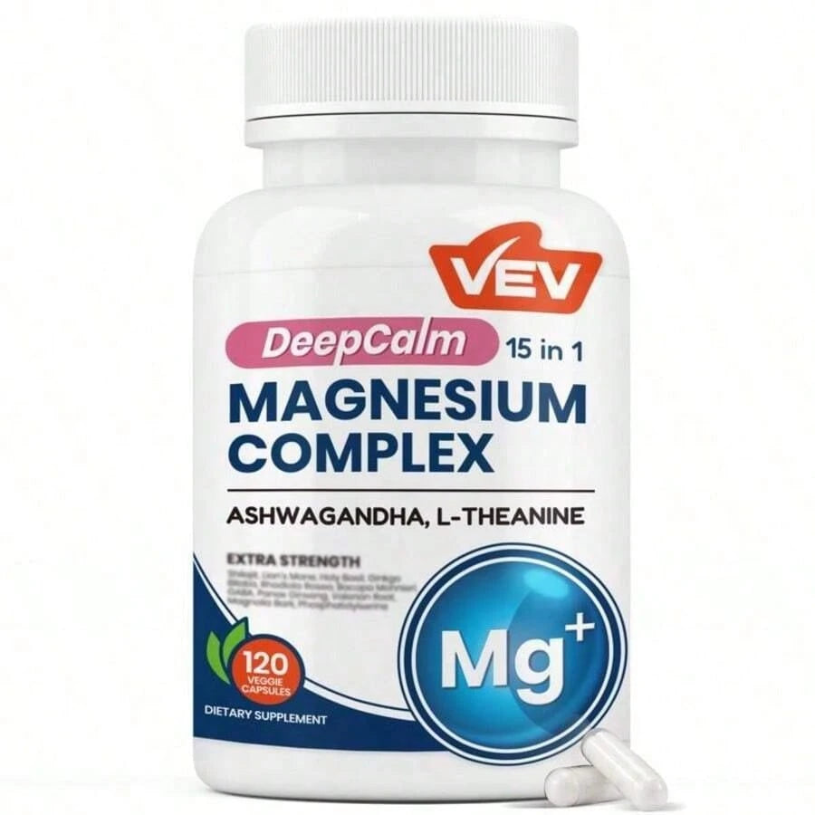 VEV DeepCalm Magnesium Complex 15-In-1 With Magnesium Glycinate, Citrate, Malate, Ashwagandha & L-Theanine, 120 Capsules"