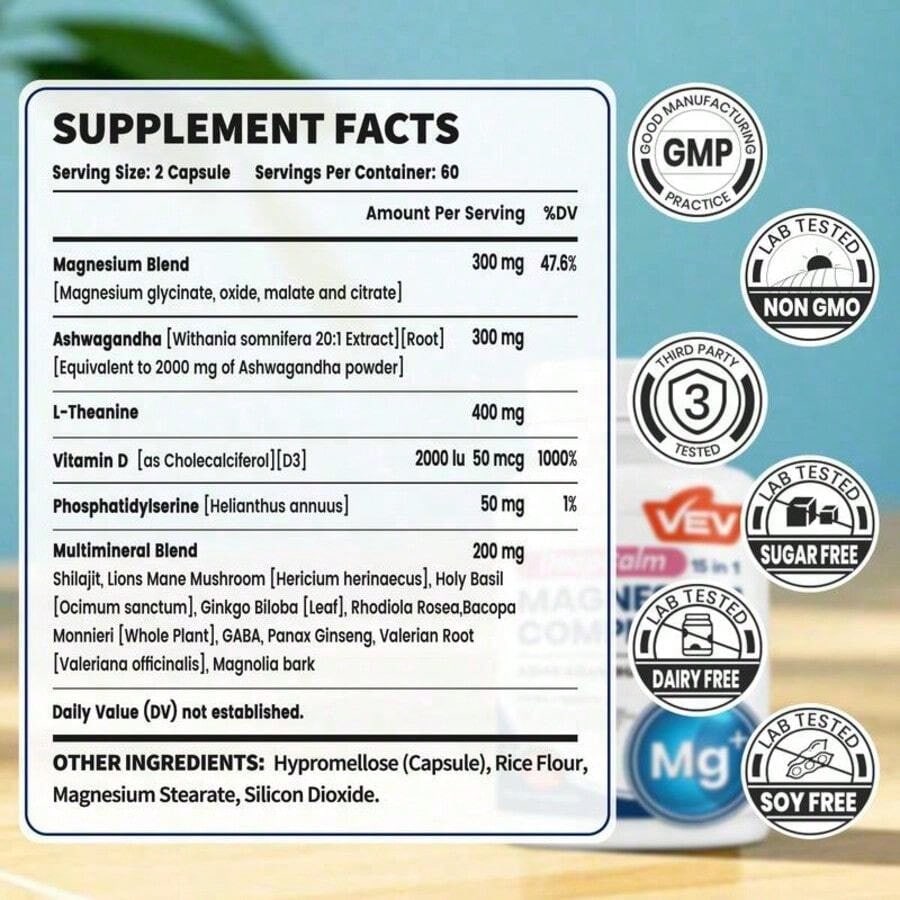 VEV DeepCalm Magnesium Complex 15-In-1 With Magnesium Glycinate, Citrate, Malate, Ashwagandha & L-Theanine, 120 Capsules"
