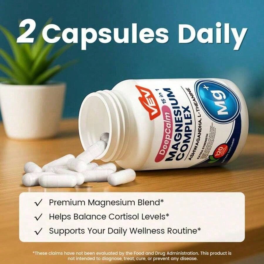 VEV DeepCalm Magnesium Complex 15-In-1 With Magnesium Glycinate, Citrate, Malate, Ashwagandha & L-Theanine, 120 Capsules"