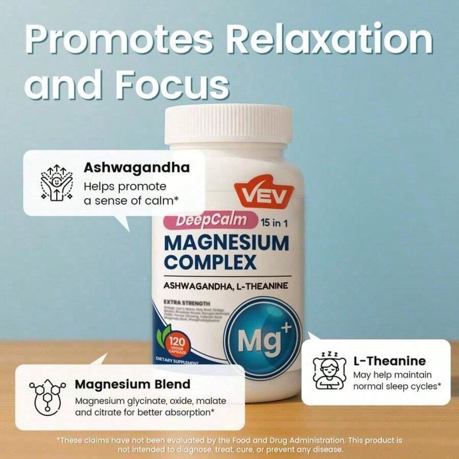 VEV DeepCalm Magnesium Complex 15-In-1 With Magnesium Glycinate, Citrate, Malate, Ashwagandha & L-Theanine, 120 Capsules"